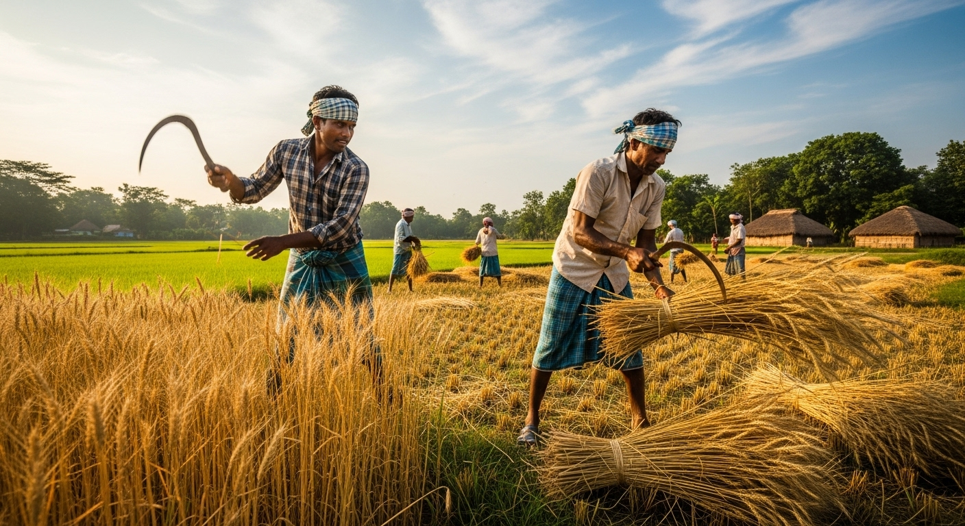 Local farmers harvesting wheat in Assam